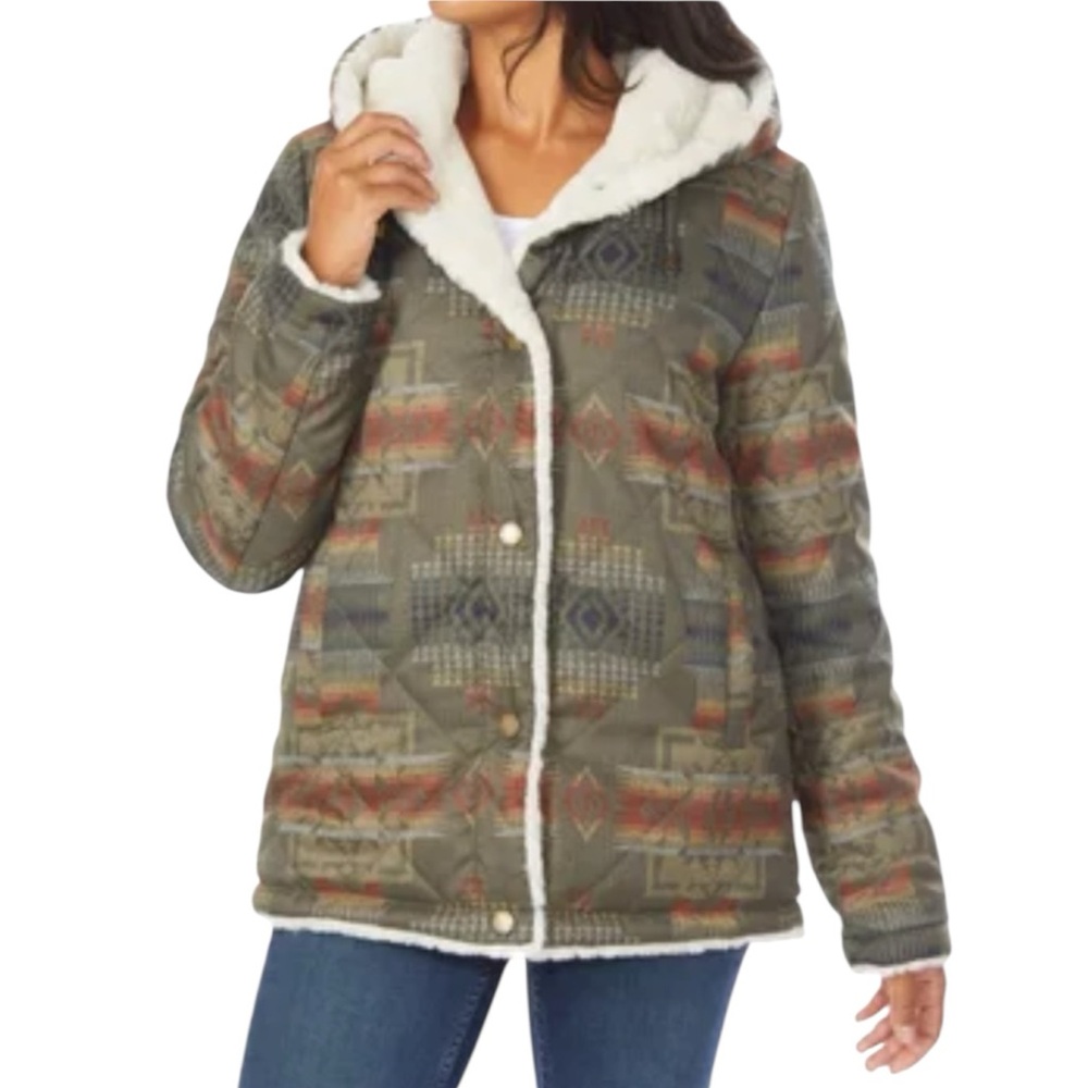 Pendleton Aztec Print‎ Coat Reversible Faux Fur Womens Large Southwest Jacket